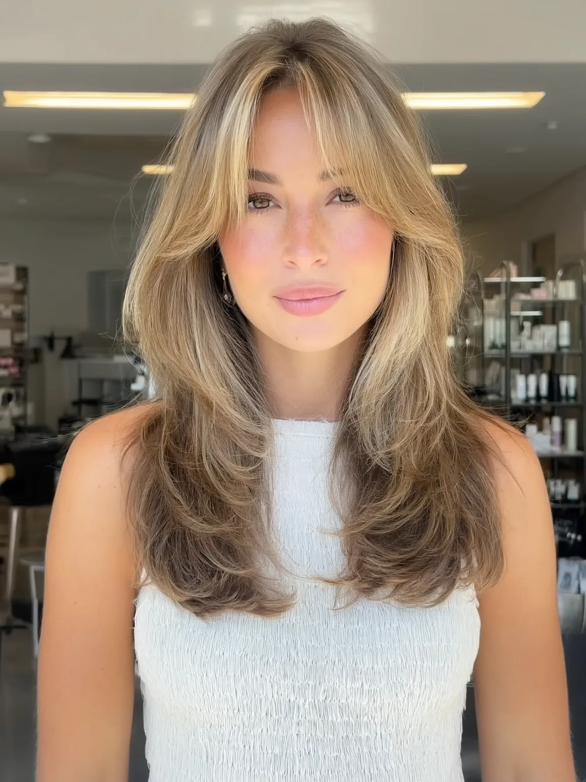 Sandy Blonde Waves with Honey Highlighted Curtain Bangs